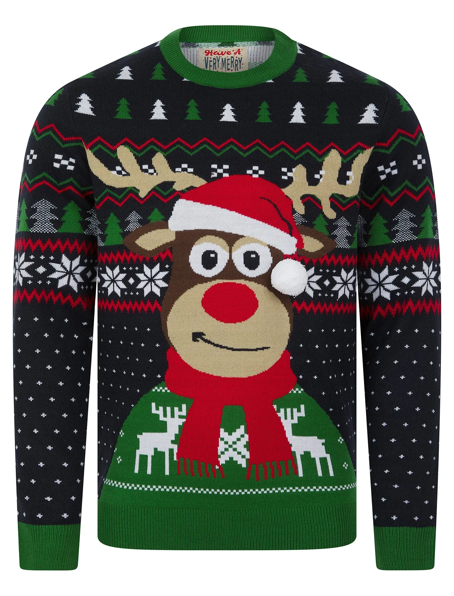 Men's Deer Motif Novelty 3D Pom Pom Design Knitted Christmas Jumper in Ink - Merry Christmas sold by Tokyo Laundry