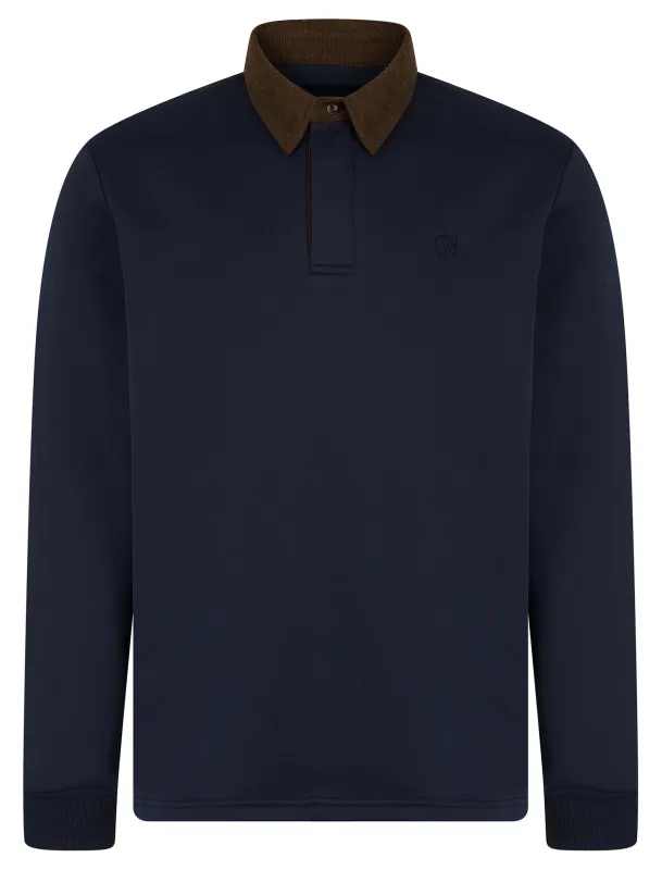 Zeus Brushback Fleece Pullover Polo Sweatshirt with Corduroy Collar in Sky Captain Navy - Kensington Eastside sold by Tokyo Laundry