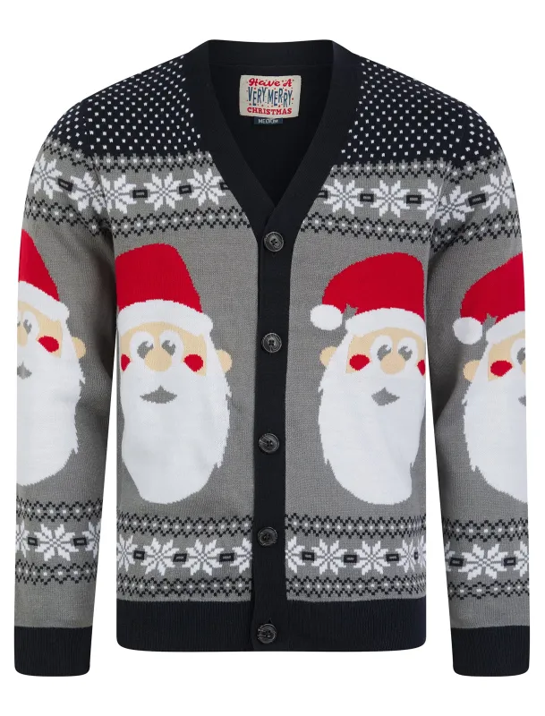 Men's Red Hat Festive Pattern Novelty Knitted Christmas Cardigan in Ink - Merry Christmas sold by Tokyo Laundry