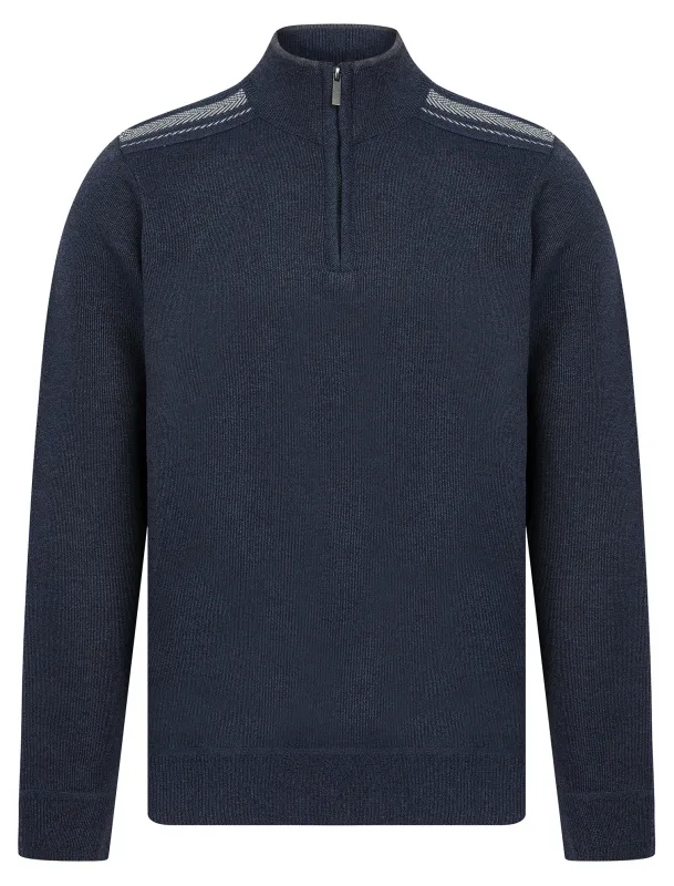 Denzel Knit Lined Quarter Zip Funnel Neck Knitted Jumper in Blue - Kensington Eastside sold by Tokyo Laundry