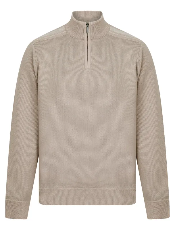 Denzel Knit Lined Quarter Zip Funnel Neck Knitted Jumper in Beige - Kensington Eastside sold by Tokyo Laundry