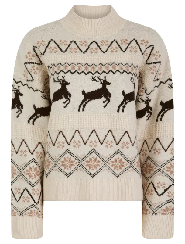 Women's Trad Jacquard Nordic Fair Isle Drop Shoulder Relaxed Fit High Neck Christmas Jumper in Ecru - Merry Christmas sold by Tokyo Laundry
