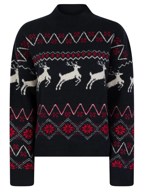 Women's Trad Jacquard Nordic Fair Isle Drop Shoulder Relaxed Fit High Neck Christmas Jumper in Ink - Merry Christmas sold by Tokyo Laundry