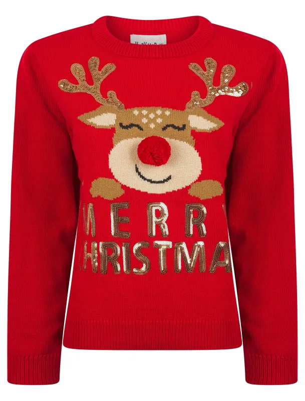 Women’s Happy Rudolph Motif Novelty Sequinned 3d Pom Pom Christmas Jumper in Tokyo Red - Merry Christmas sold by Tokyo Laundry