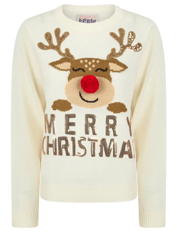 Women’s Happy Rudolph Motif Novelty Sequinned 3d Pom Pom Christmas Jumper in Gardenia - Merry Christmas sold by Tokyo Laundry