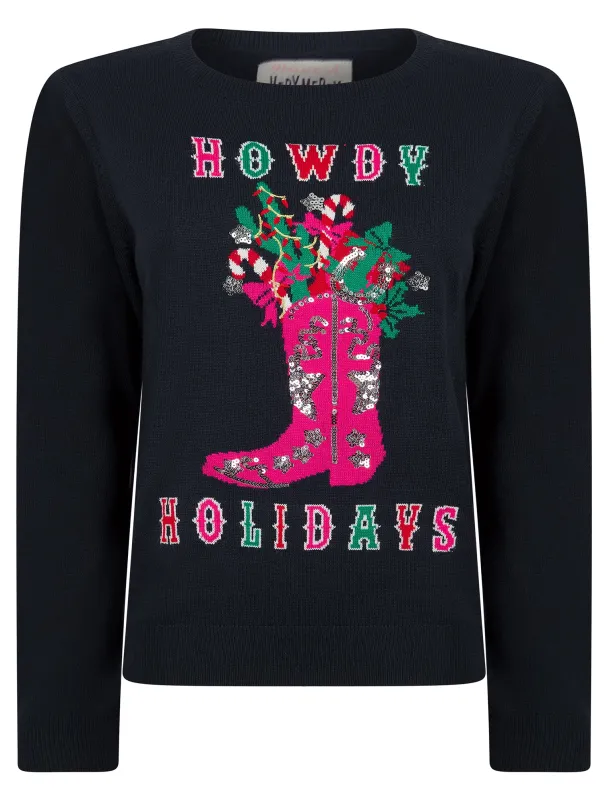 Women’s Howdy Sequin Motif Novelty Knitted Christmas Jumper in Ink – Merry Christmas sold by Tokyo Laundry