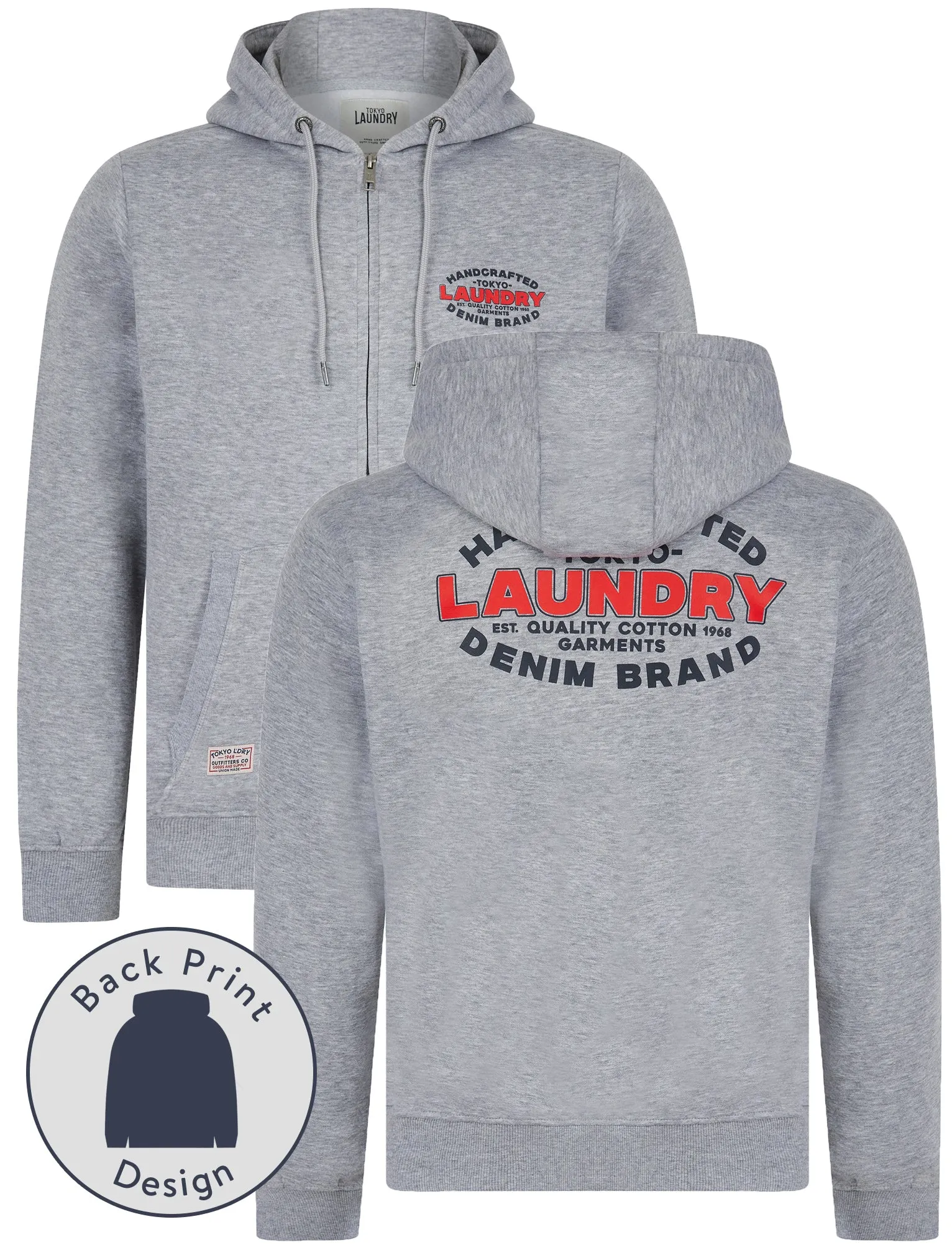 Stonefall Reverse Print Brushback Fleece Zip Through Hoodie in Light Grey Marl - Tokyo Laundry sold by Tokyo Laundry