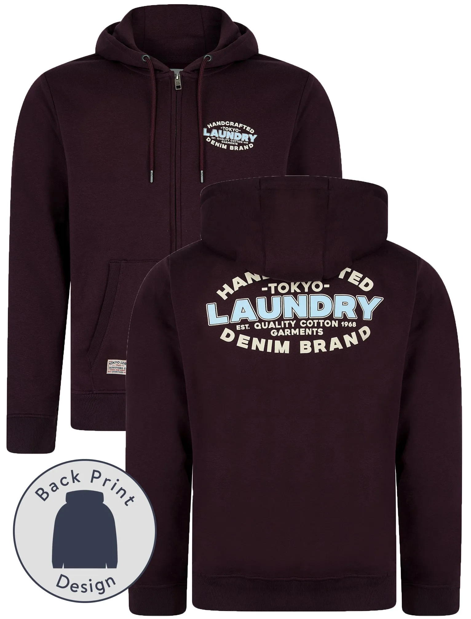 Stonefall Reverse Print Brushback Fleece Zip Through Hoodie in Winetasting - Tokyo Laundry sold by Tokyo Laundry
