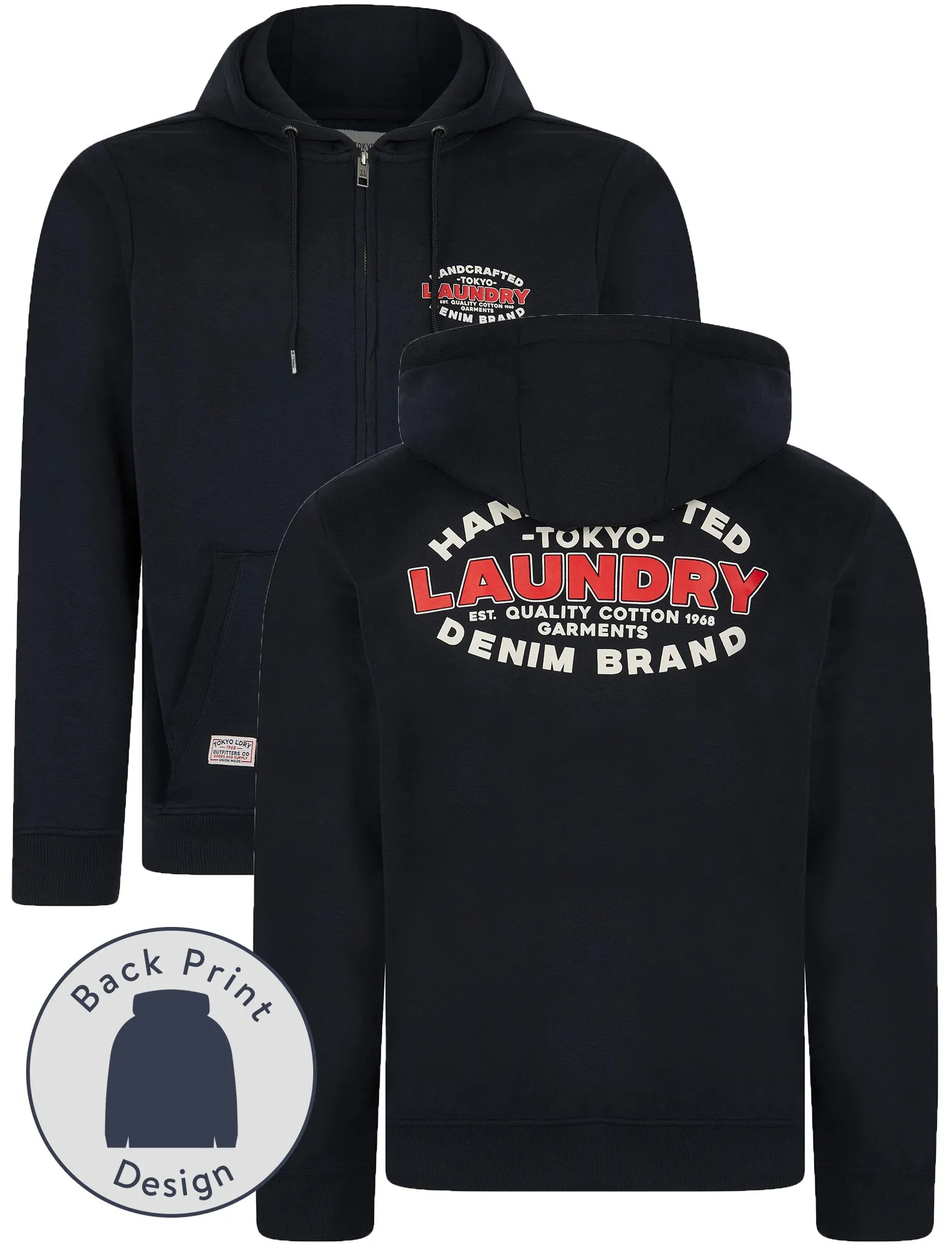 Stonefall Reverse Print Brushback Fleece Zip Through Hoodie in Sky Captain Navy - Tokyo Laundry sold by Tokyo Laundry