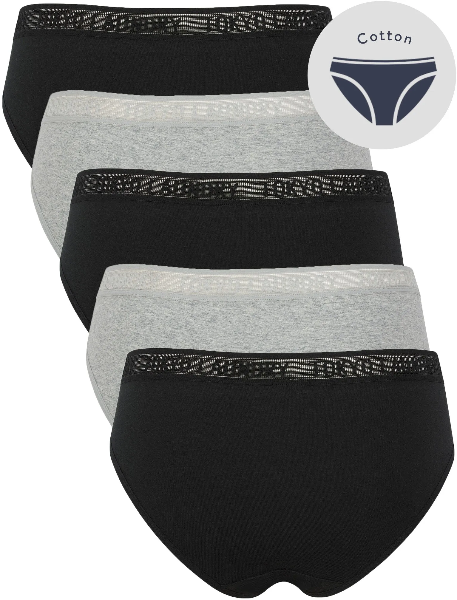 Ayla 6 (5 Pack) Cotton Assorted Briefs with Mesh Waistband in Jet Black / Light Grey Marl - Tokyo Laundry sold by Tokyo Laundry product image thumbnail 2