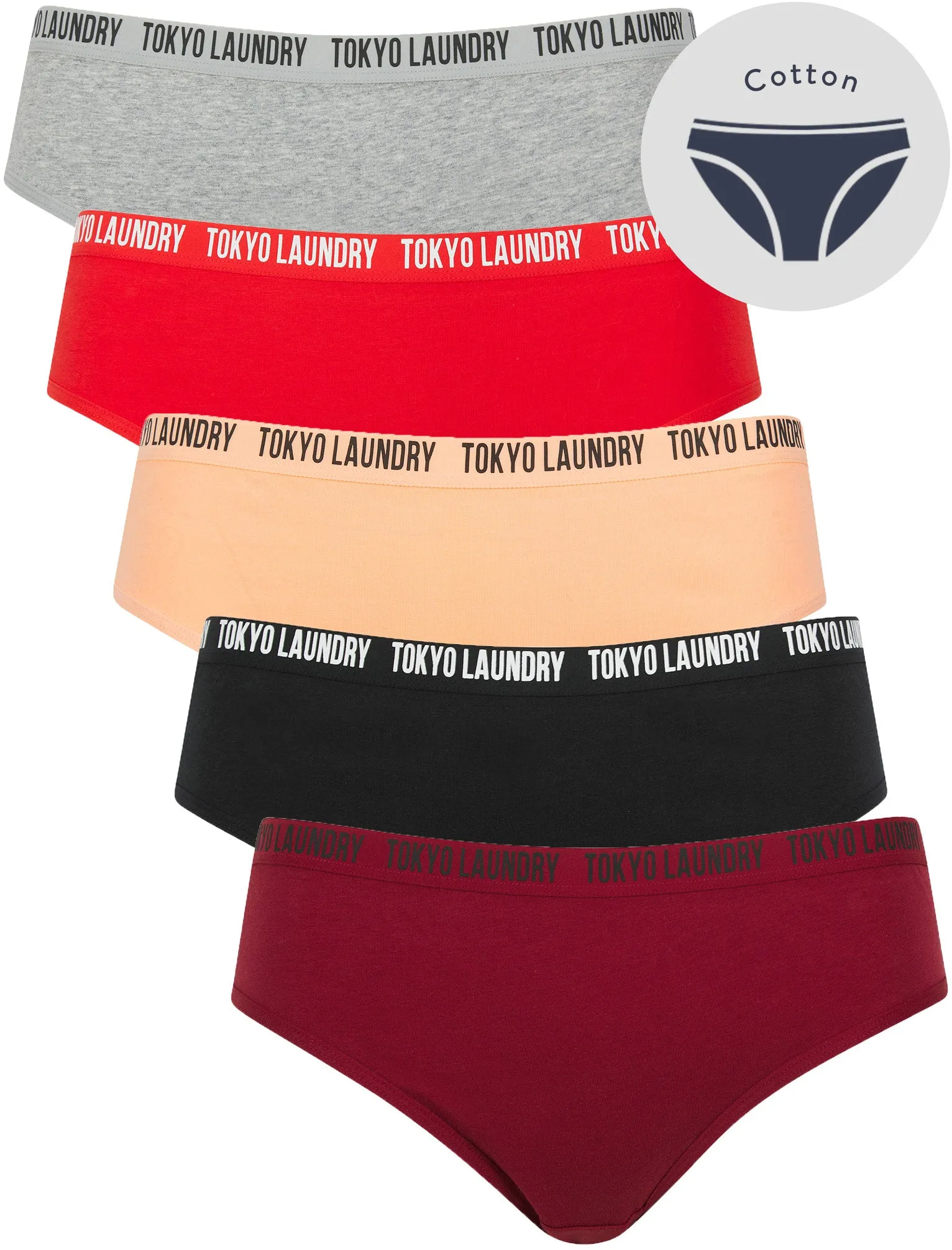 Zara 11 (5 Pack) Assorted Stretch Cotton Briefs in Red Dahlia / Jet Black / Peach Nectar / Flame Scarlet / Light Grey Marl - Tokyo Laundry sold by Tokyo Laundry