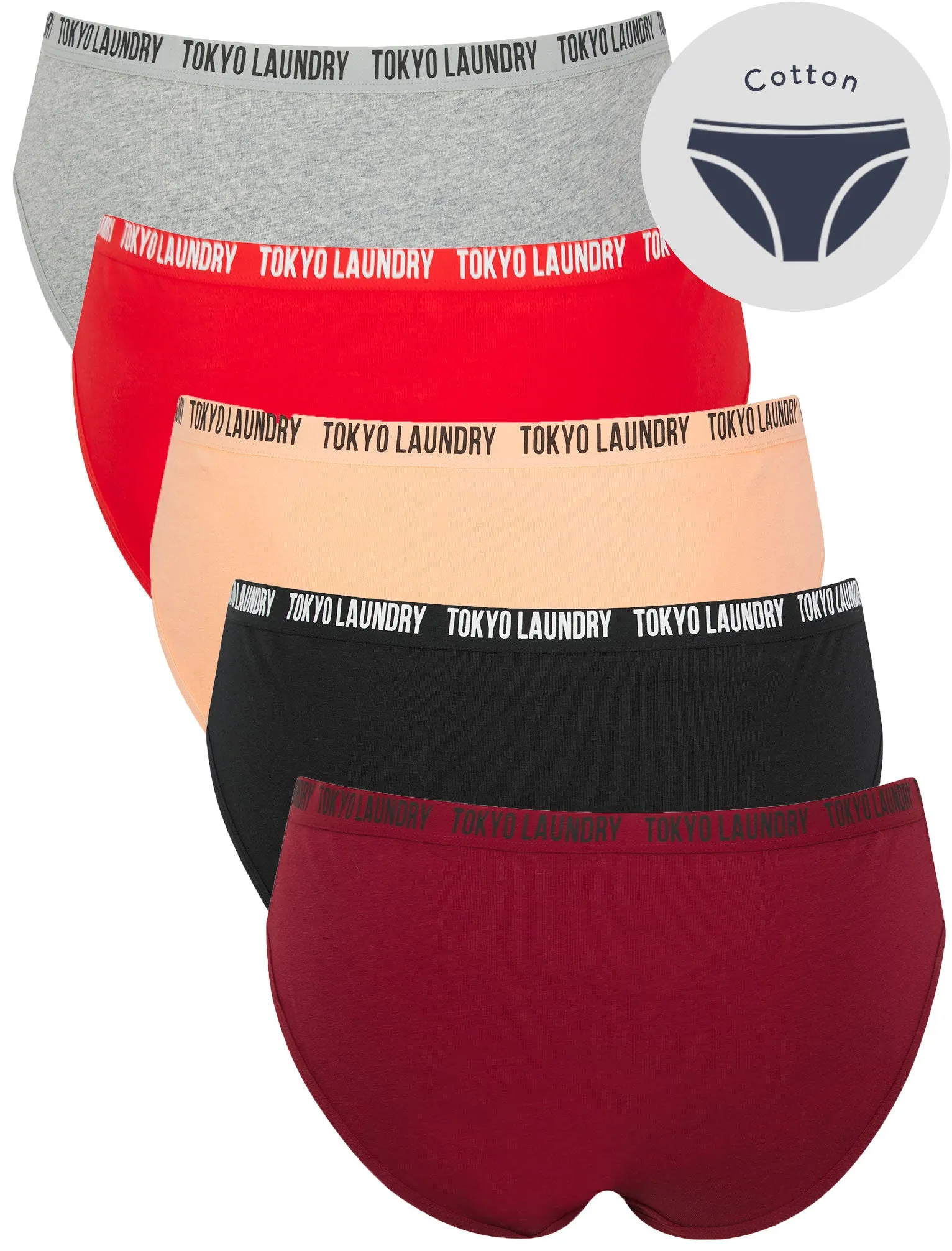 Zara 11 (5 Pack) Assorted Stretch Cotton Briefs in Red Dahlia / Jet Black / Peach Nectar / Flame Scarlet / Light Grey Marl - Tokyo Laundry sold by Tokyo Laundry product image thumbnail 2