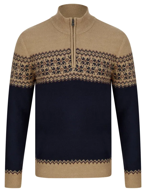 Peric Quarter Zip Fair Isle Knit Funnel Neck Jumper in Camel - Kensington Eastside sold by Tokyo Laundry