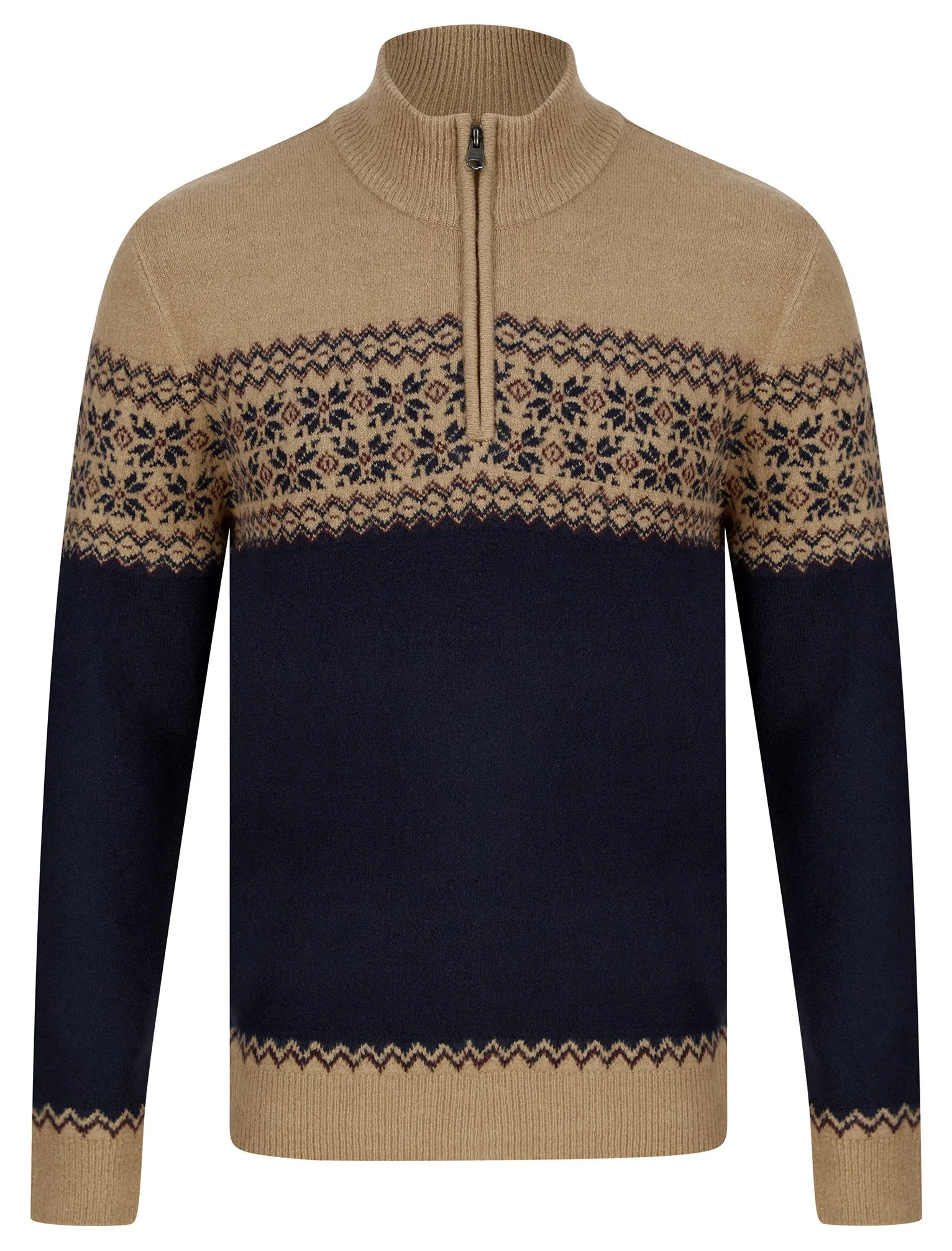 Peric Quarter Zip Fair Isle Knit Funnel Neck Jumper in Camel - Kensington Eastside sold by Tokyo Laundry