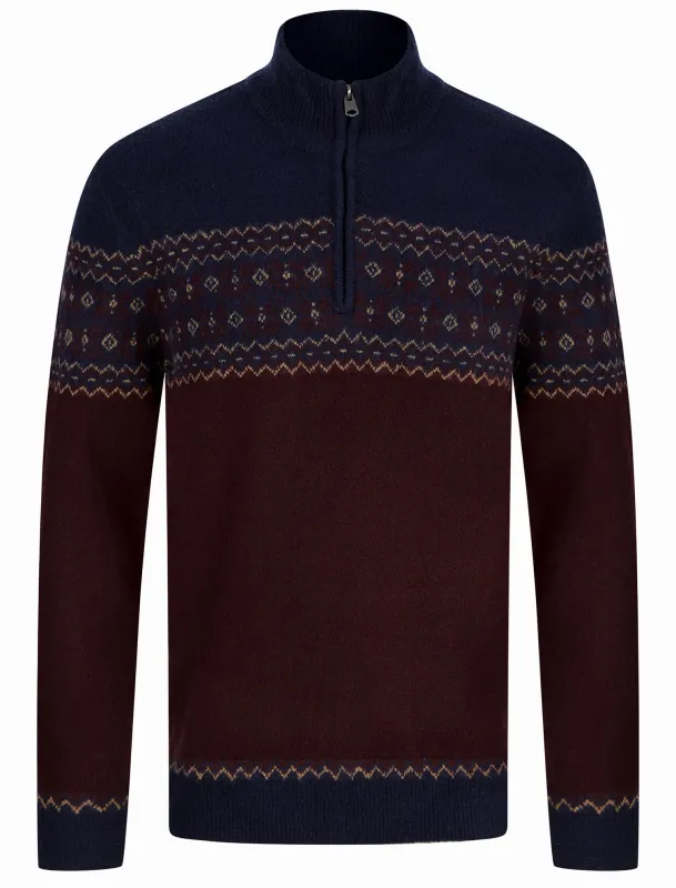 Peric Quarter Zip Fair Isle Knit Funnel Neck Jumper in Ink - Kensington Eastside sold by Tokyo Laundry