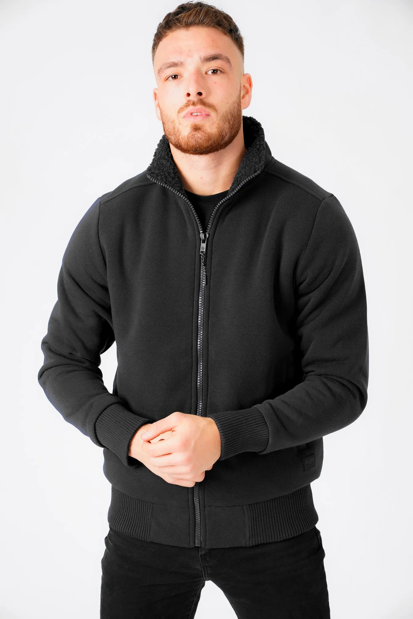 Firey Funnel Neck Zip Through Chunky Sweat With Borg Lining In Jet Black - Dissident sold by Tokyo Laundry