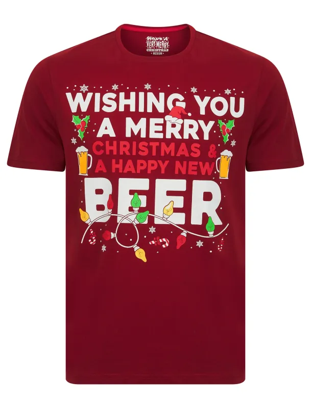 Men's Collingham Beer Slogan Motif Novelty Cotton Christmas T-Shirt in Red Dahlia - Merry Christmas sold by Tokyo Laundry