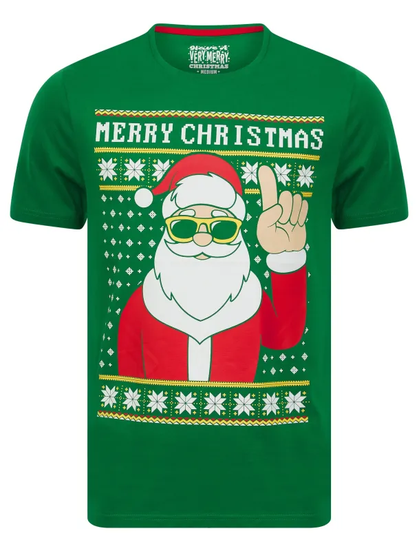 Men's Garforth Santa Claus Motif Novelty Cotton Christmas T-Shirt in Abundant Green - Merry Christmas sold by Tokyo Laundry