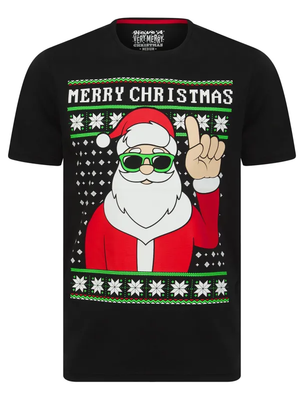 Men's Garforth Santa Claus Motif Novelty Cotton Christmas T-Shirt in Jet Black - Merry Christmas sold by Tokyo Laundry