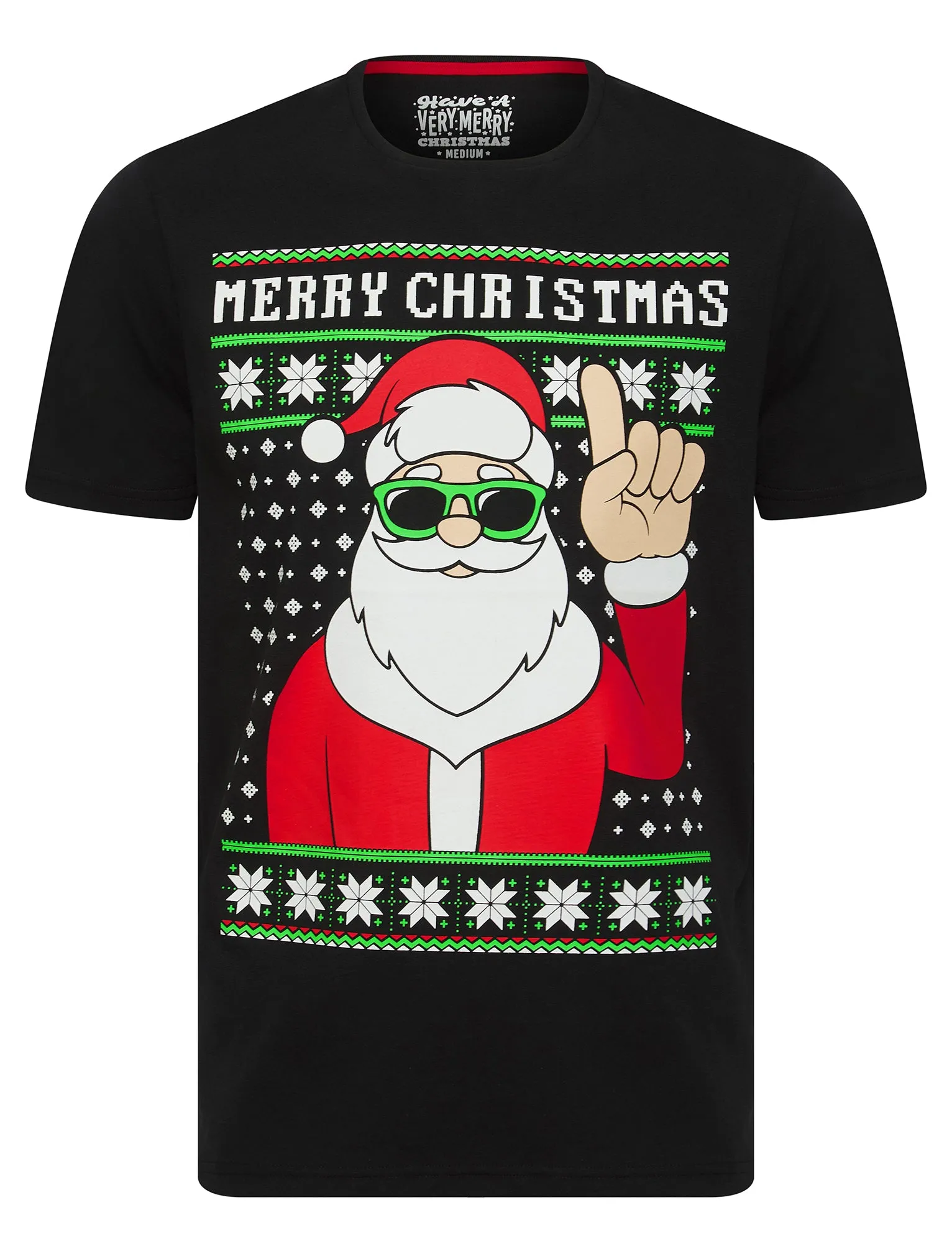 Men's Garforth Santa Claus Motif Novelty Cotton Christmas T-Shirt in Jet Black - Merry Christmas sold by Tokyo Laundry