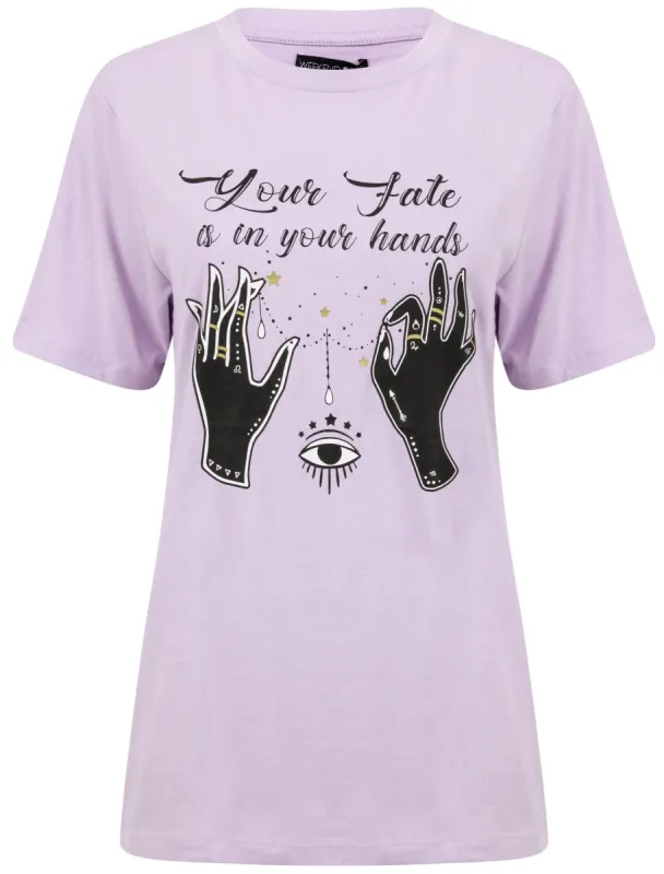 Fate In Your Hands Motif Cotton T-Shirt in Pastel Lilac - Weekend Vibes made by Tokyo Laundry