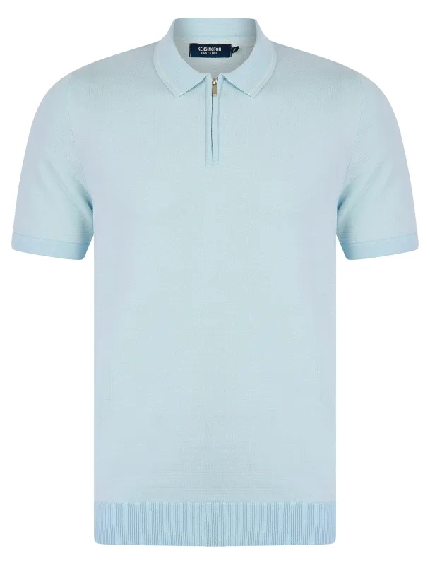 Cowper Textured Birds-Eye Weave Knitted Cotton Polo Shirt with Zip Fasten Collar in Skyway - Kensington Eastside made by Tokyo Laundry