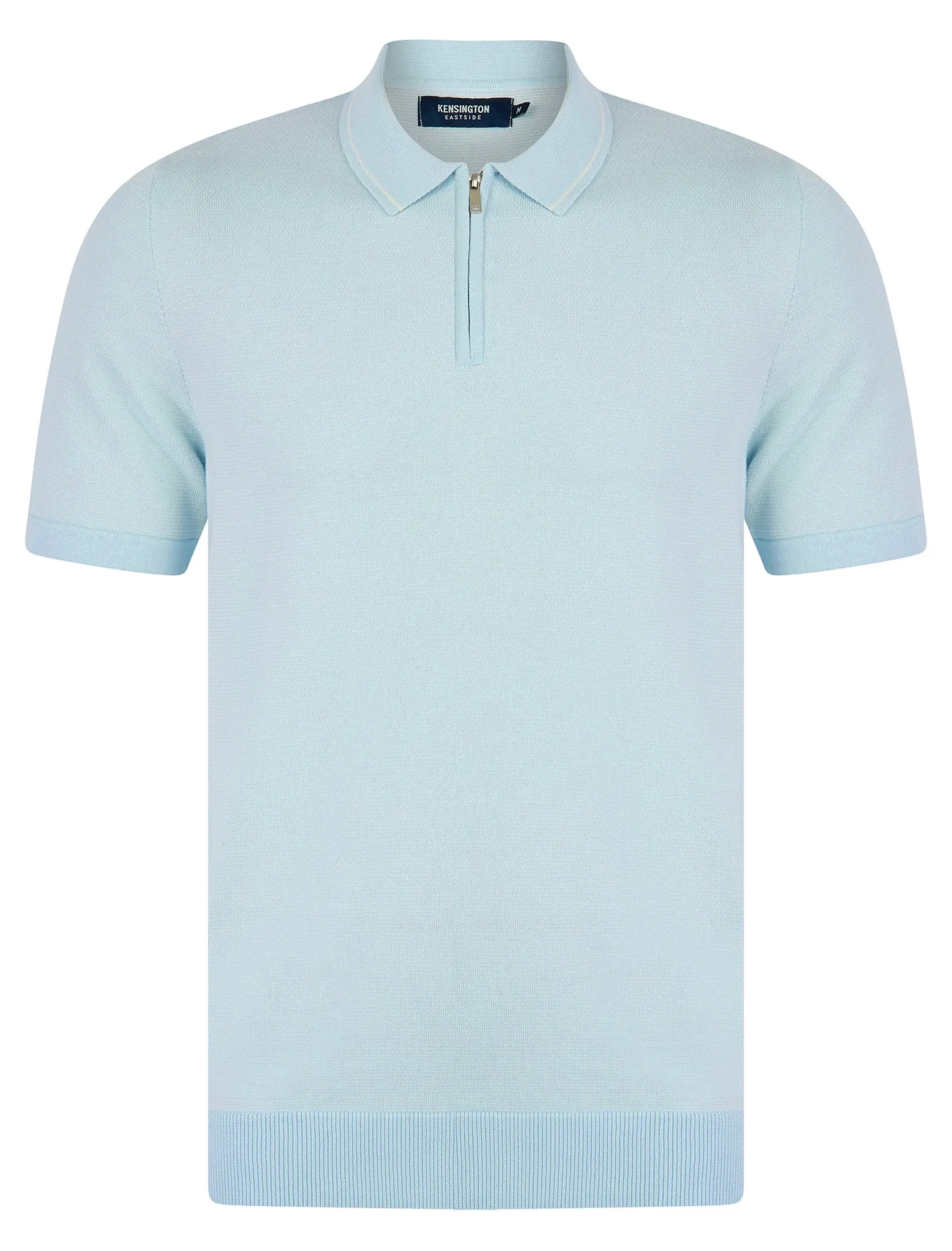 Cowper Textured Birds-Eye Weave Knitted Cotton Polo Shirt with Zip Fasten Collar in Skyway - Kensington Eastside sold by Tokyo Laundry