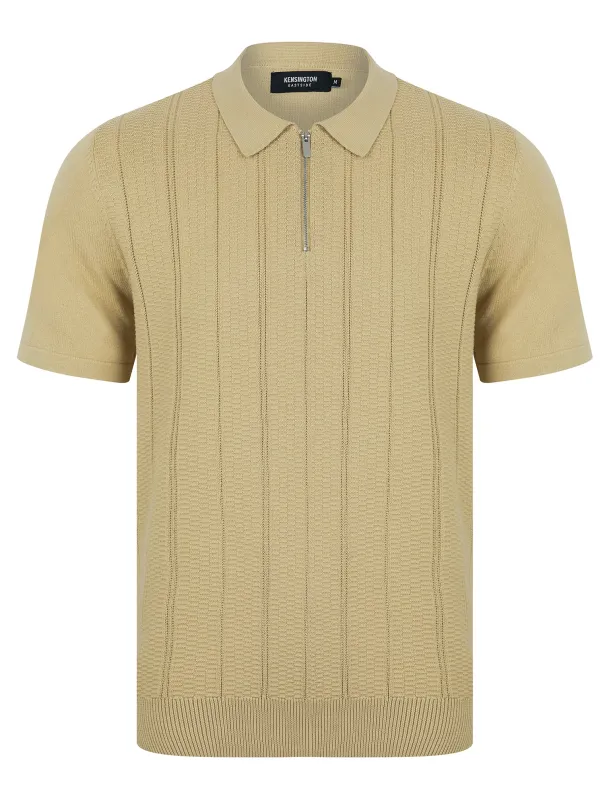 Harvers Knitted Cotton Textured Stripe Polo Shirt with Zip Fasten Collar in Fields of Rye - Kensington Eastside made by Tokyo Laundry