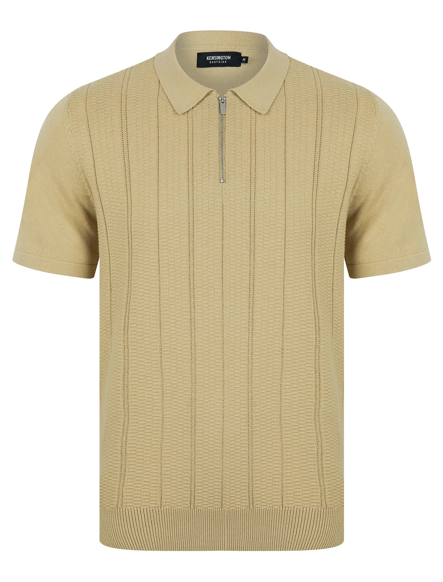 Harvers Knitted Cotton Textured Stripe Polo Shirt with Zip Fasten Collar in Fields of Rye - Kensington Eastside sold by Tokyo Laundry