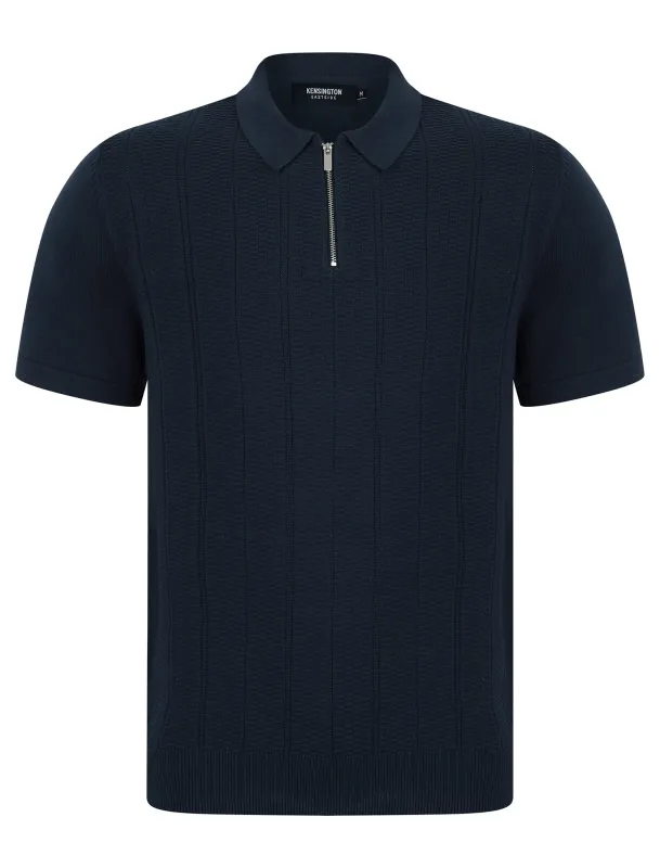 Harvers Knitted Cotton Textured Stripe Polo Shirt with Zip Fasten Collar in Mood Indigo - Kensington Eastside made by Tokyo Laundry
