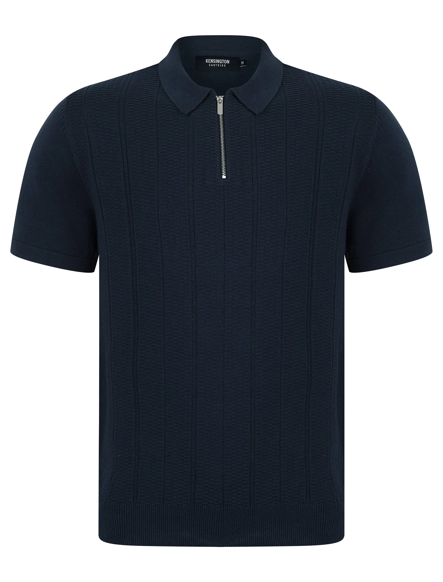 Harvers Knitted Cotton Textured Stripe Polo Shirt with Zip Fasten Collar in Mood Indigo - Kensington Eastside sold by Tokyo Laundry