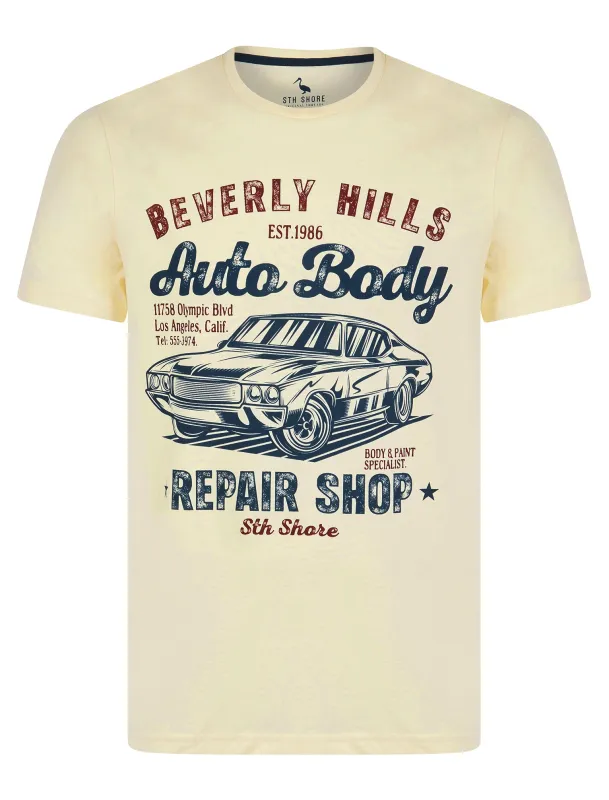 Aldridge Vintage Retro Graphic Print Motif Cotton Jersey T-Shirt in Seedpearl - South Shore sold by Tokyo Laundry