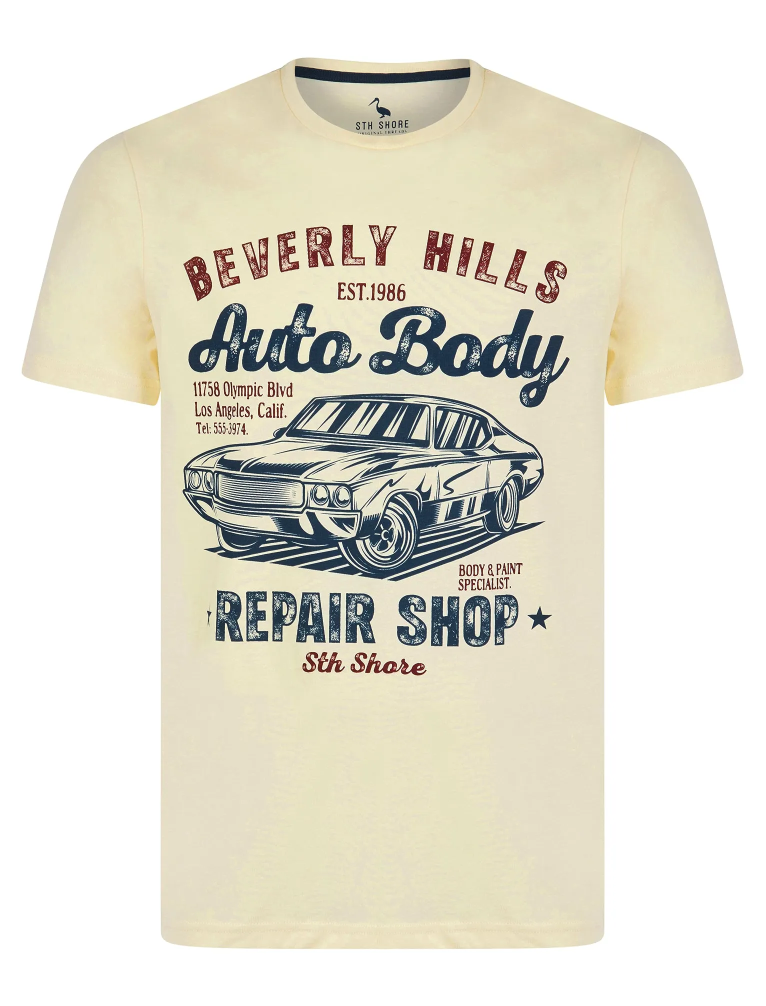 Aldridge Vintage Retro Graphic Print Motif Cotton Jersey T-Shirt in Seedpearl - South Shore sold by Tokyo Laundry