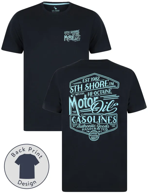 Ablett Back Print Vintage Retro Graphic Motif Cotton Jersey T-Shirt in Sky Captain Navy - South Shore sold by Tokyo Laundry