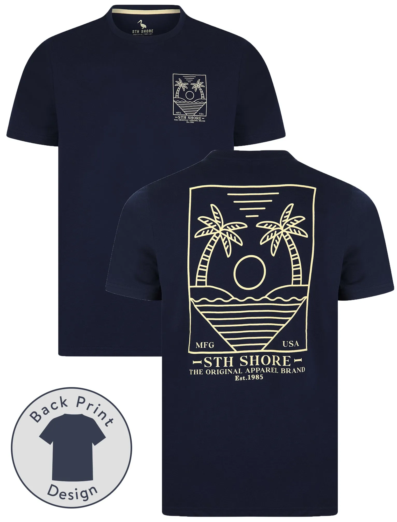 Beglin Back Print Vintage Retro Graphic Motif Cotton Jersey T-Shirt in Medieval Blue - South Shore sold by Tokyo Laundry