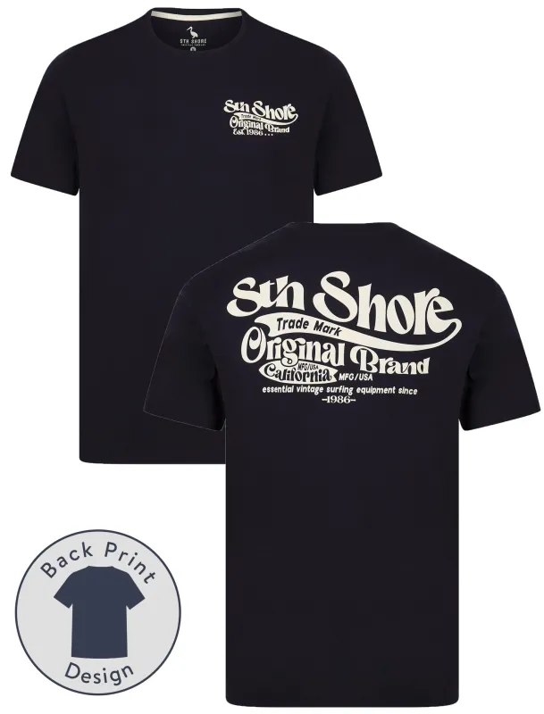 Benteke Back Print Vintage Retro Graphic Motif Cotton Jersey T-Shirt in Sky Captain Navy - South Shore sold by Tokyo Laundry