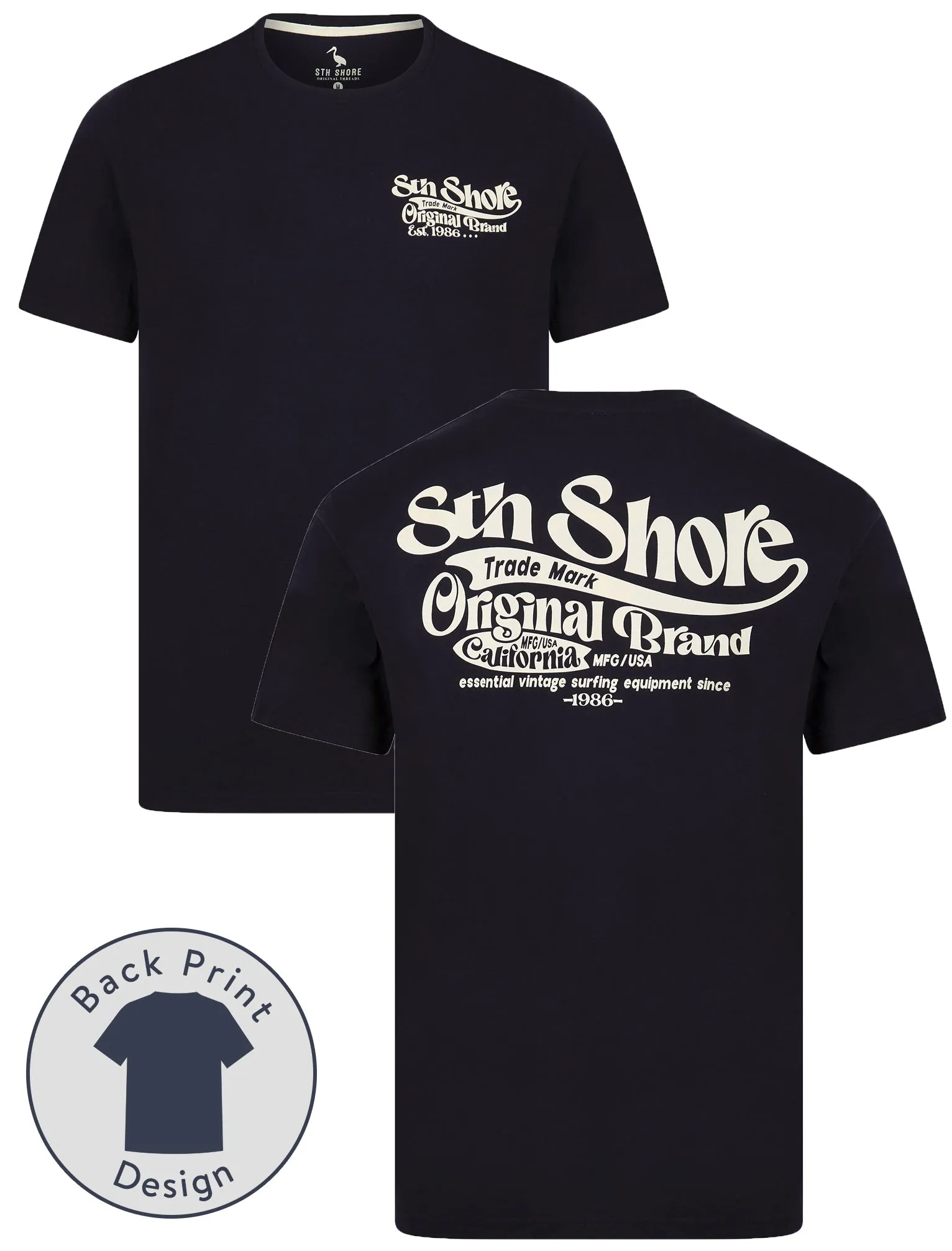 Benteke Back Print Vintage Retro Graphic Motif Cotton Jersey T-Shirt in Sky Captain Navy - South Shore sold by Tokyo Laundry