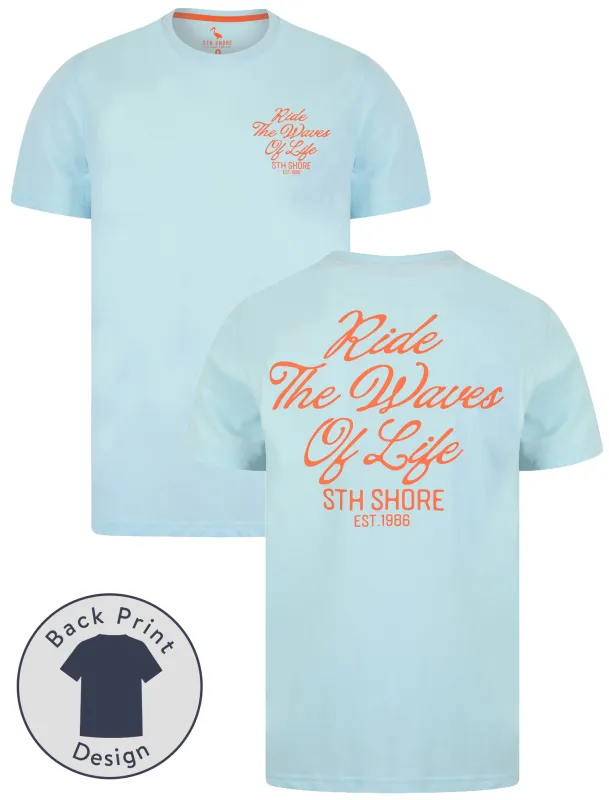 Aquilani Back Print Vintage Retro Graphic Motif Cotton Jersey T-Shirt in Omphalodes Blue - South Shore sold by Tokyo Laundry