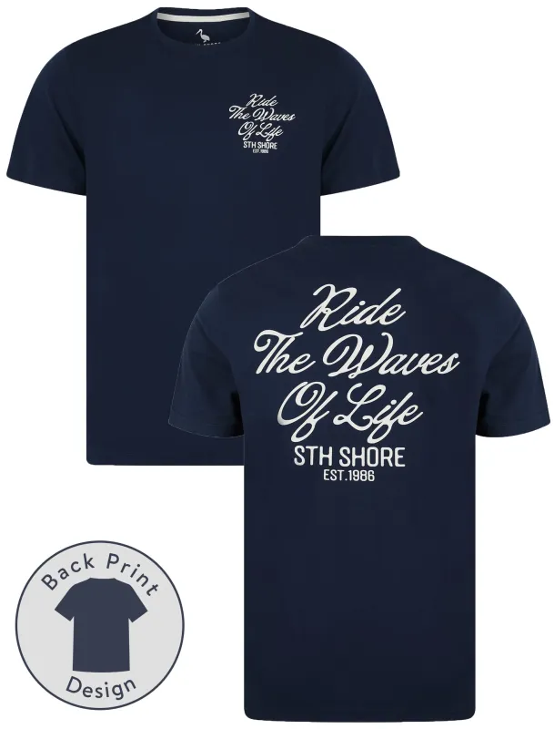 Aquilani Back Print Vintage Retro Graphic Motif Cotton Jersey T-Shirt in Medieval Blue - South Shore sold by Tokyo Laundry