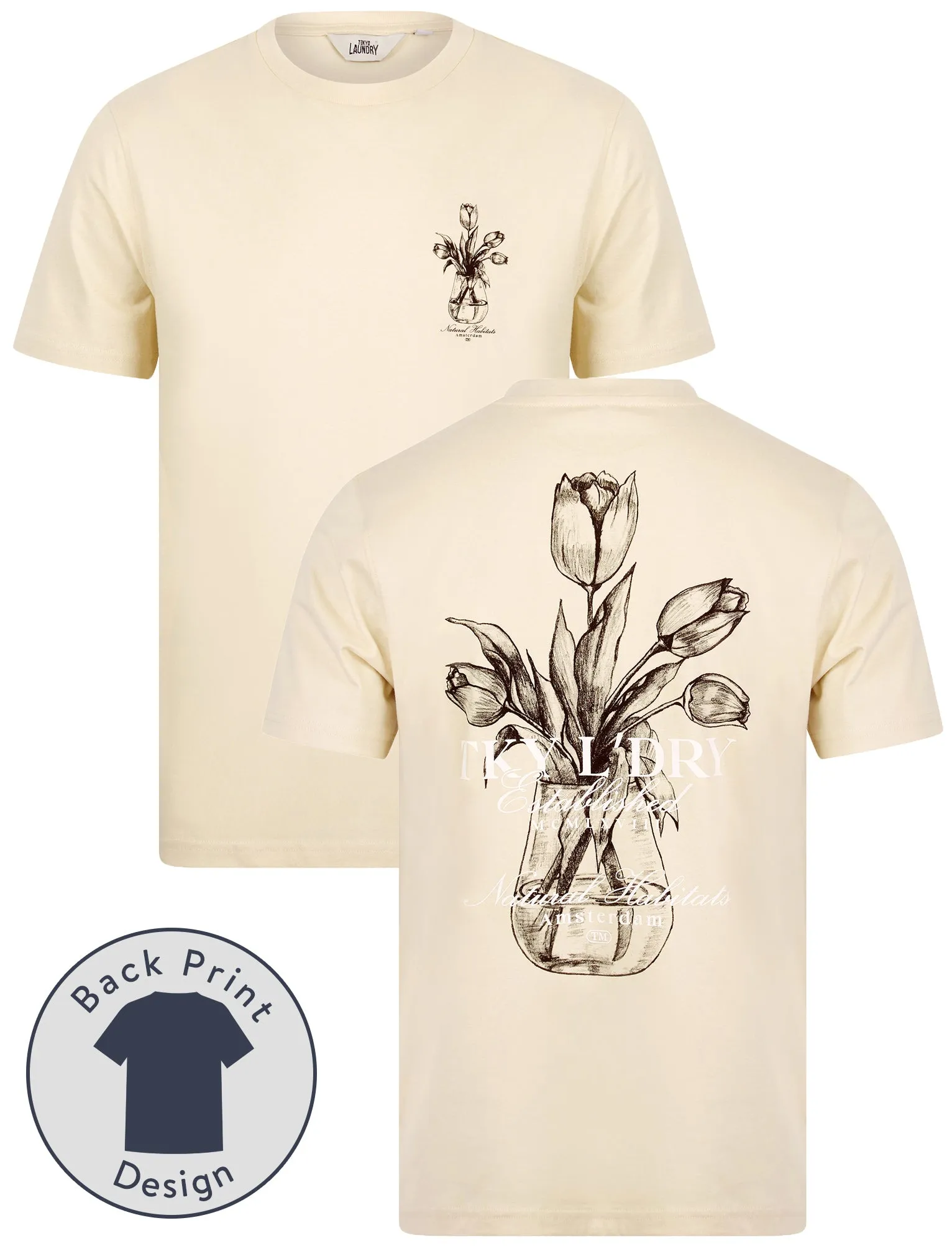 Tassos Vintage Retro Reverse Graphic Print Cotton Jersey T-Shirt in Summer Sand - Tokyo Laundry sold by Tokyo Laundry