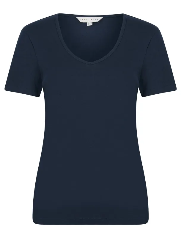 Viola Plain 100% Cotton Scoop V-Neck T-Shirt in Peacoat Blue - Amara Reya made by Tokyo Laundry