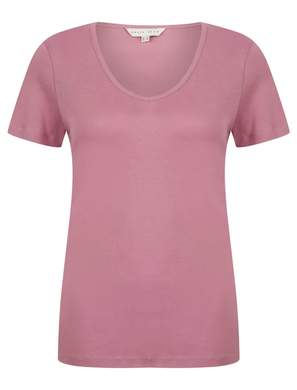 Viola Plain 100% Cotton Scoop V-Neck T-Shirt in Mesa Rose - Amara Reya made by Tokyo Laundry