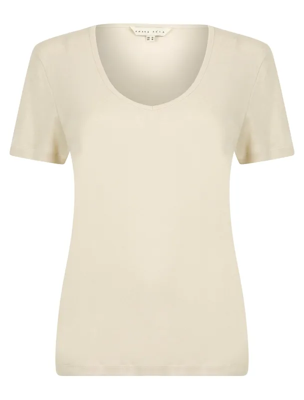 Viola Plain 100% Cotton Scoop V-Neck T-Shirt in Moonbeam Stone - Amara Reya made by Tokyo Laundry