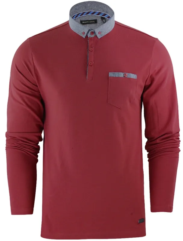 Herag Chambray Collar Long Sleeve Polo Shirt in Ruby Wine made by Tokyo Laundry