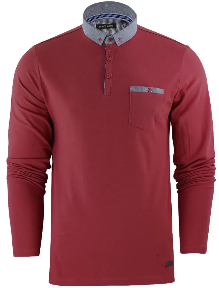 Herag Chambray Collar Long Sleeve Polo Shirt in Ruby Wine sold by Tokyo Laundry