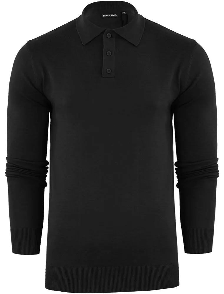 Placket B Long Sleeve Knitted Polo Shirt in Black sold by Tokyo Laundry