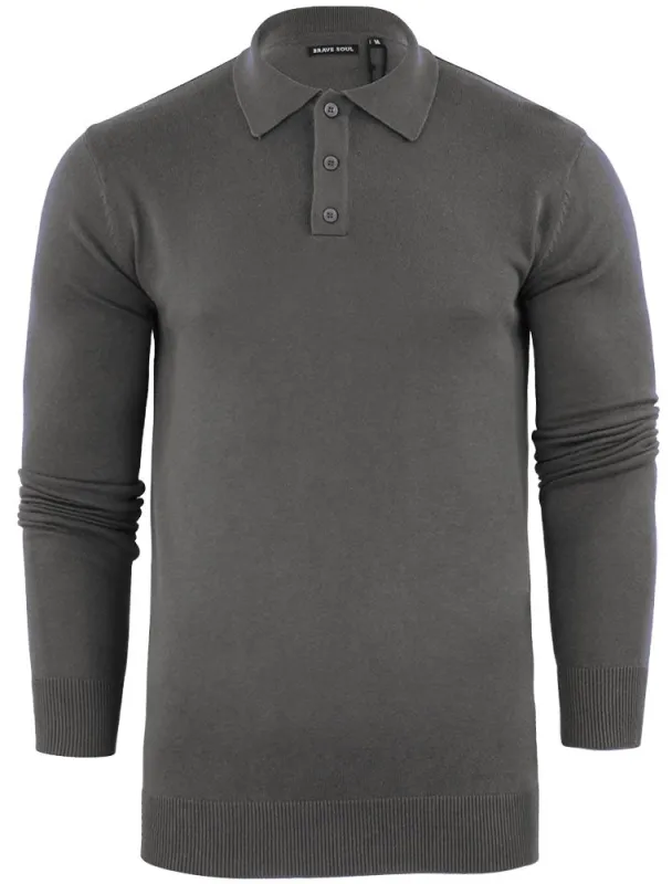 Placket B Long Sleeve Knitted Polo Shirt in Mid Grey sold by Tokyo Laundry