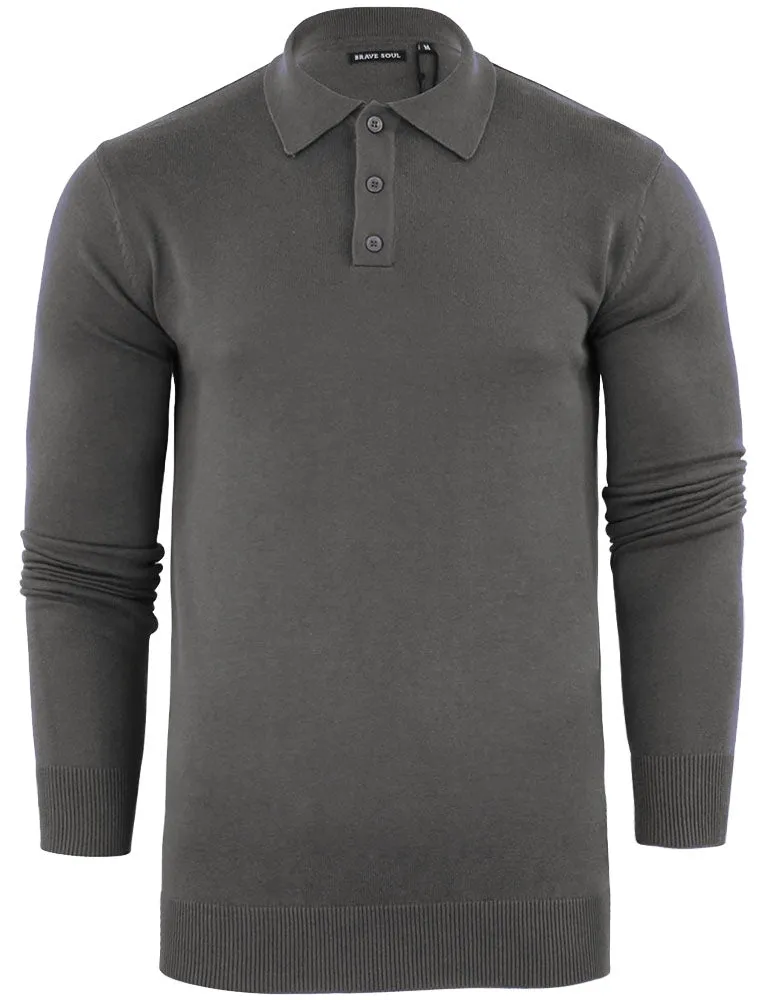 Placket B Long Sleeve Knitted Polo Shirt in Mid Grey sold by Tokyo Laundry