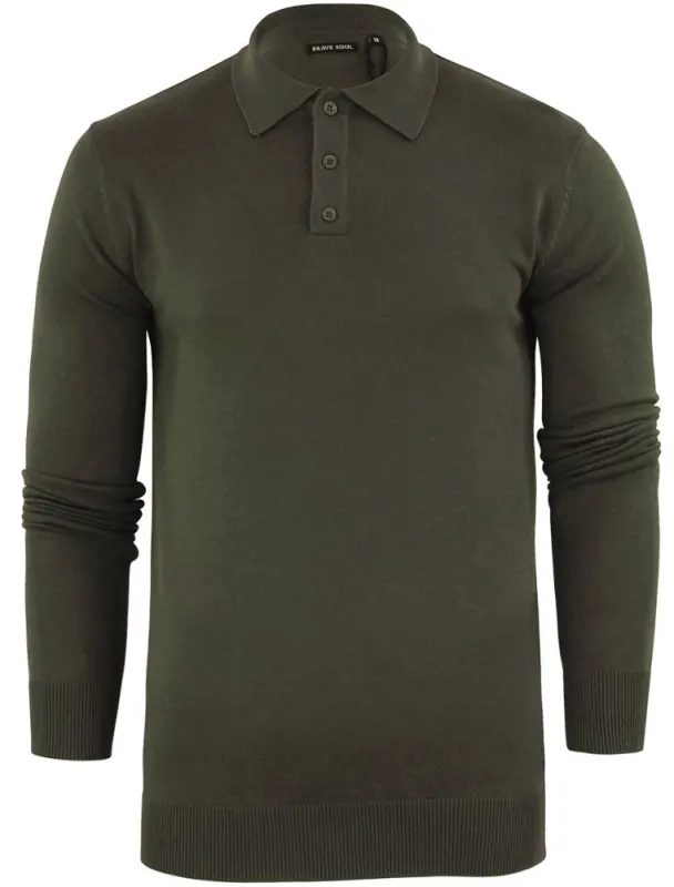Placket C Long Sleeve Knitted Polo Shirt in Khaki sold by Tokyo Laundry