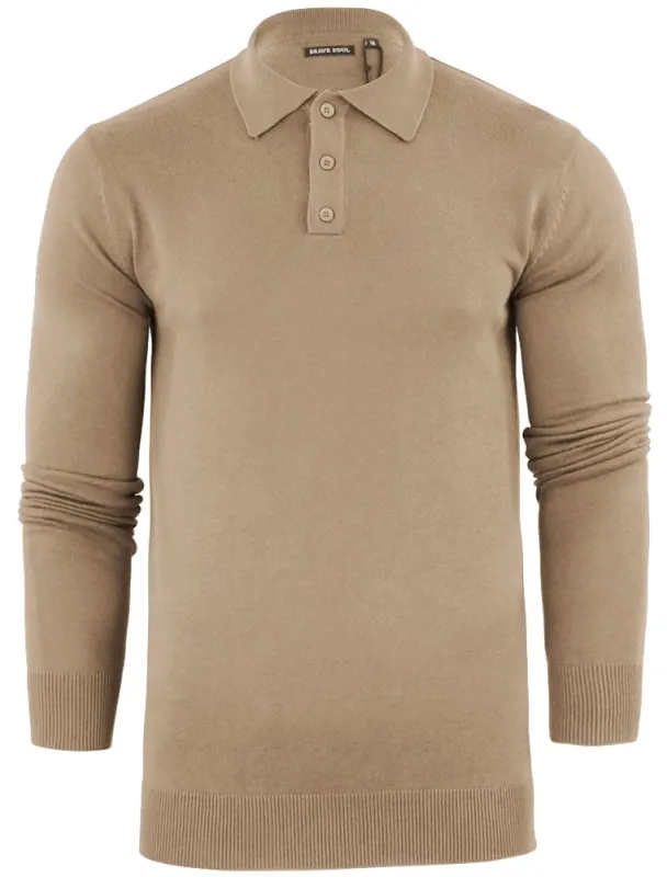 Placket C Long Sleeve Knitted Polo Shirt in Stone sold by Tokyo Laundry